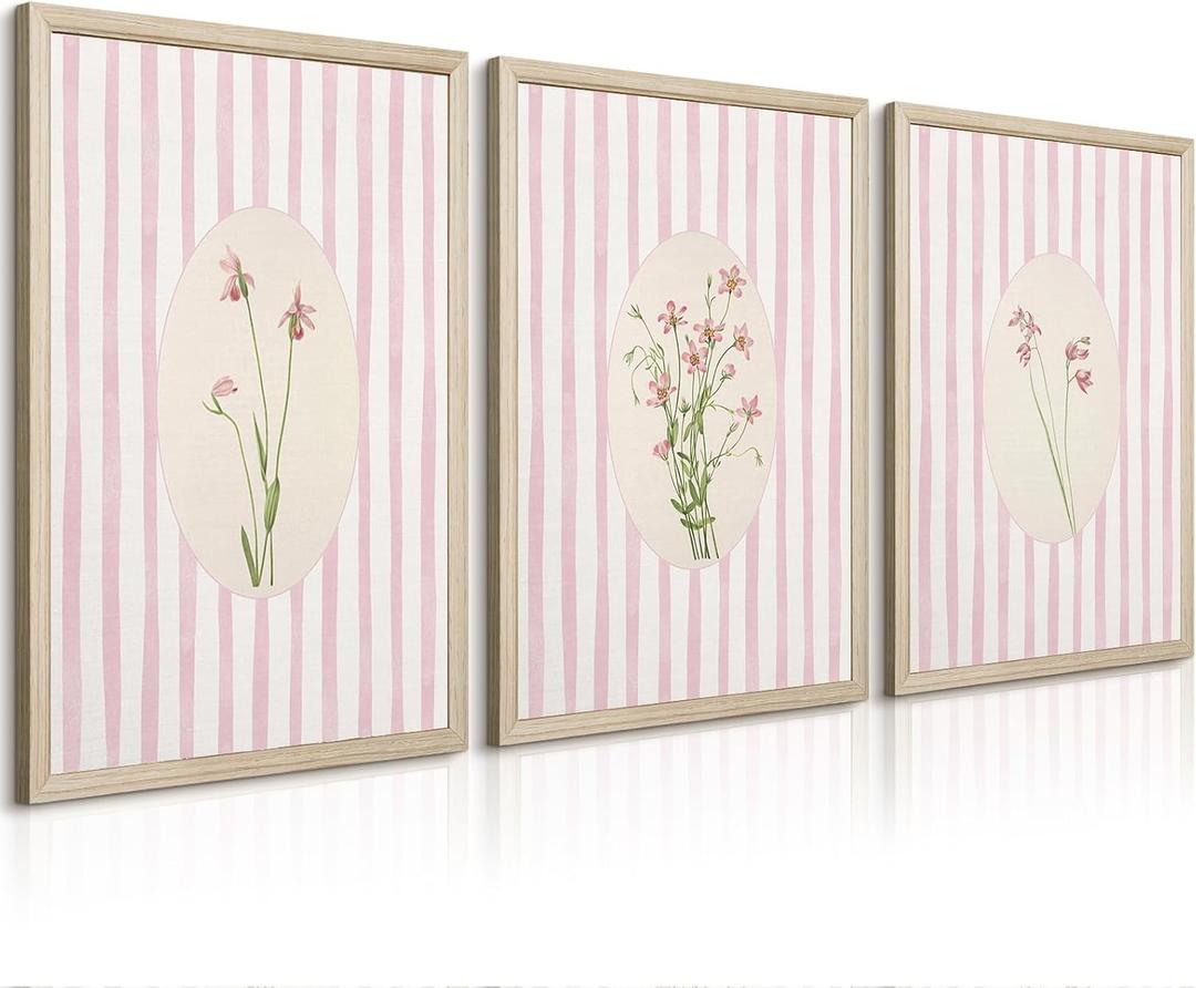 Pink Flower Wall Art Striped Floral Prints Botanical Canvas Wall Decor Aesthetic Pictures Pastel Pink Floral Poster Minimalist Flower Painting for Girl Room 16x24 Inch Framed Set of 3