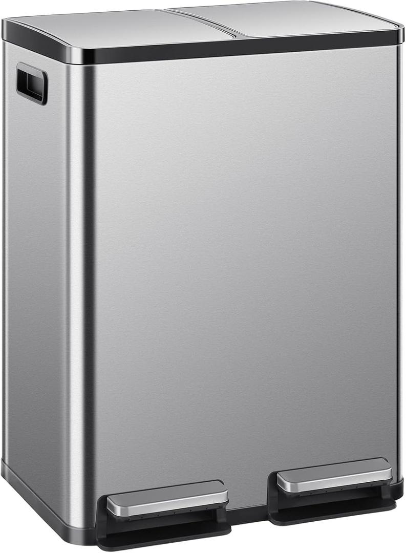 Elevon Kitchen Trash Can with Lid, 2 x 8 Gallon Garbage Can, with Soft-Close Foot Pedal and Removable Inner Bucket, 60 Liter Large Stainless Waste Bin for Bathroom Bedroom Home Office