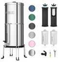 Purewell 7-Stage 0.01m Ultra-Filtration Alkaline Water Filter System with 4 Filters, Metal Water Level Spigot and Stand, 304 Stainless Steel, Reduce Fluoride & Chlorine, pH 8-9, 2.25G, PW-OB-FT (Silver)