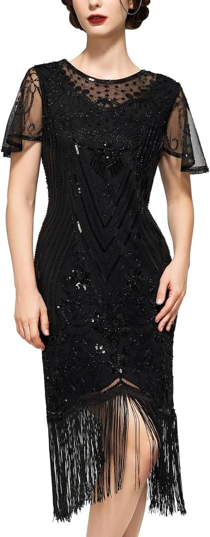 SWEETV Flapper Dresses 1920s Dresses for Women,Crew Neck Great Gatsby Dresses with Sleeve Roaring 20s Dress for Harlem Nights (Large, Black)
