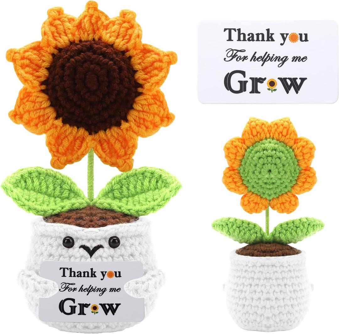 Handmade Positive Crochet Sunflower Doll - Teacher Appreciation Gifts, Thank You Gifts for Women Coworkers Friends Family - Thank You for Helping Me Grow, Emotional Support Crochet Flowers