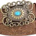Ayliss Women Western PU Leather Belt Vintage Country Belts Concho With Turquoise Buckle Cowgirl Jeans Dresses Floral Engraved (for 27-36'' waist, Brown)