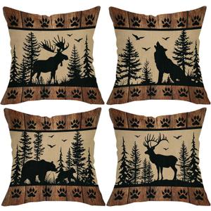 Wildlife Cabin Decorative Throw Pillow Covers 16 x 16 Set of 4, Vintage Forest Animals Reindeer Wolf Bear Porch Outdoor Home Decor, Retro Farmhouse Woodland Pine Tree Sofa Couch Cushion Case