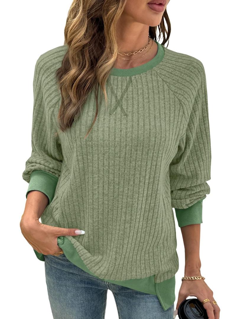 SHEWIN Women Fall Sweatshirt Lightweight Long Sleeve Pullover Tops Casual Oversized Shirts Color Black Patchwork Shirts Size S Green (Green, S)