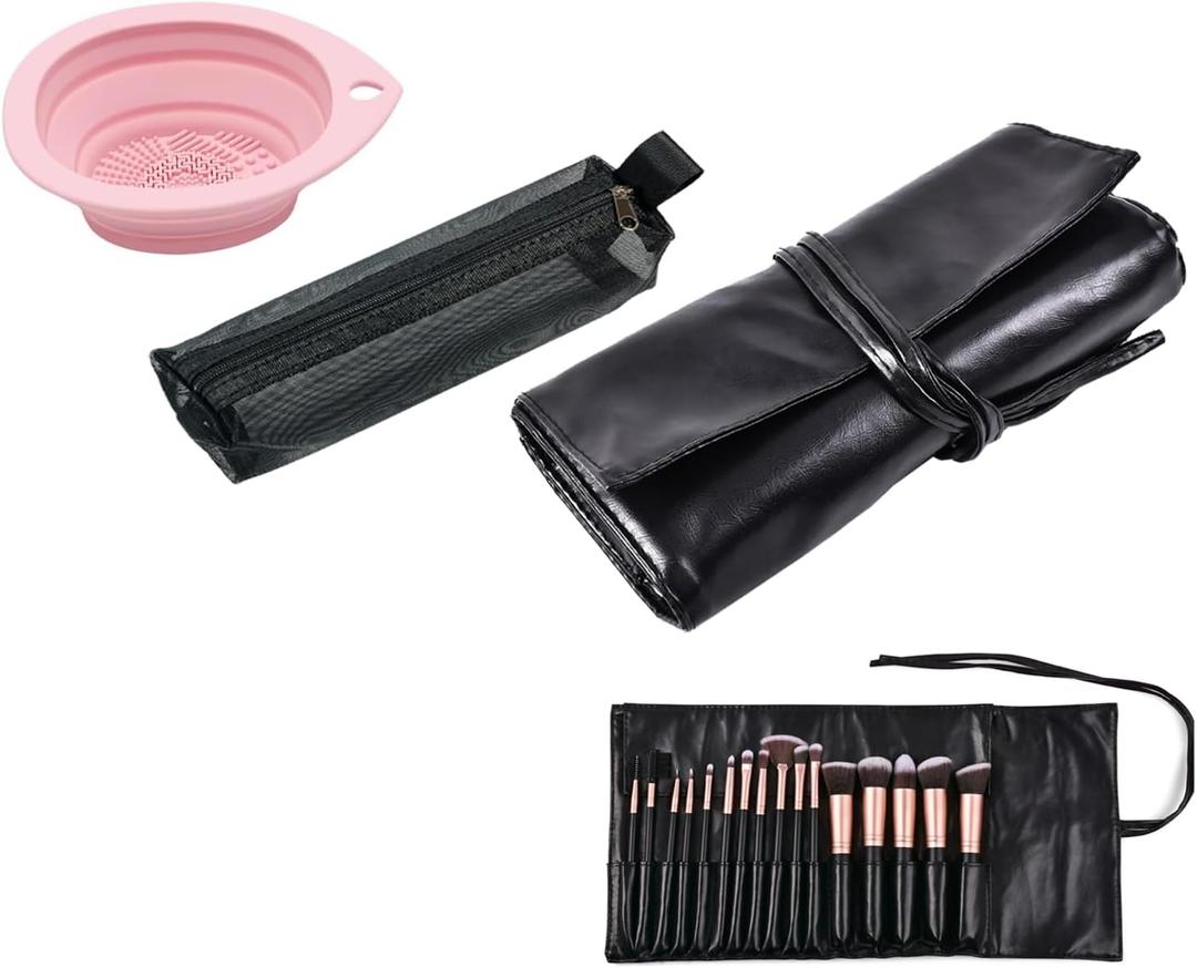 Makeup Brush Bag, PU Leather Makeup Brush Organizer, 16 Slots Portable Makeup Brush Pouch, Travel Mesh Cosmetic Bag With Foldable Makeup Brush Cleaner Bowl