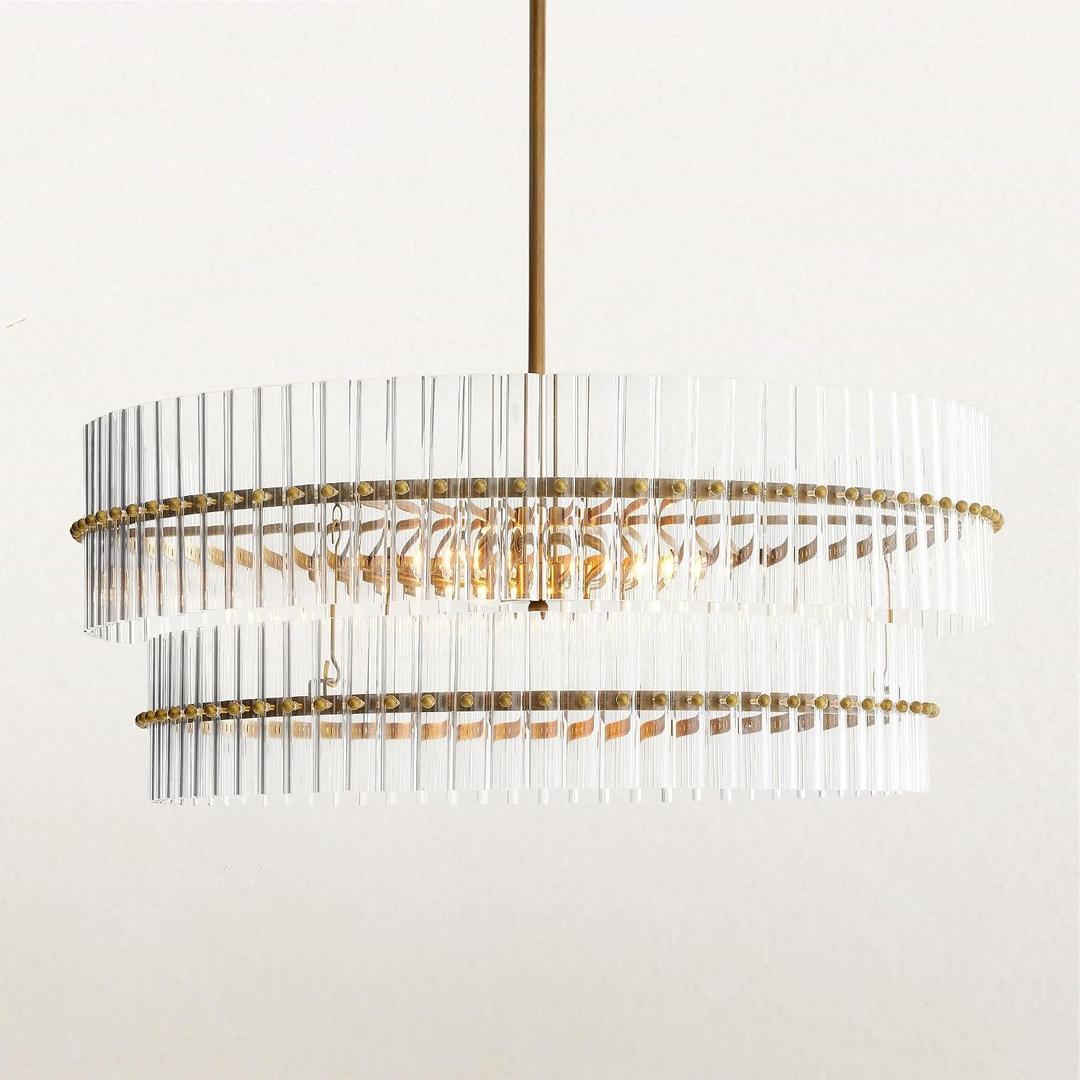Crystal Fluted Glow Chandelier, Finial Details, Craftsmanship, Fluted Modern Design,Bronze-Finished Iron Finials, Light Fixtures for Dining Room,Not Includes Bulb,34" l x 34" w x 10" h