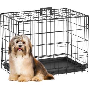 FDW Dog Crate 24-Inch Dog Cage Single Door Foldable Metal Kennel with Leakproof Tray Foldable Design Indoor Outdoor Use for Small Dogs,Dark Black