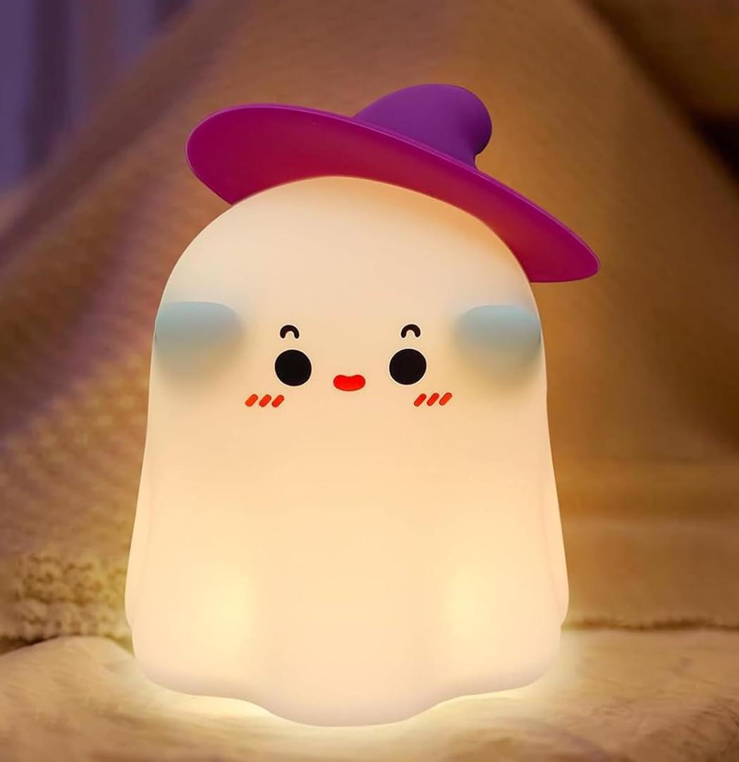 Halloween Ghost Night Light for Kids, Cute Soft Silicone Nursery Bedside Touch Lamp with 3 Levels of Brightness Dimmable, 30 Min Timer, USB Rechargeable, Use for Bedroom Office Desk Deco (Purple)