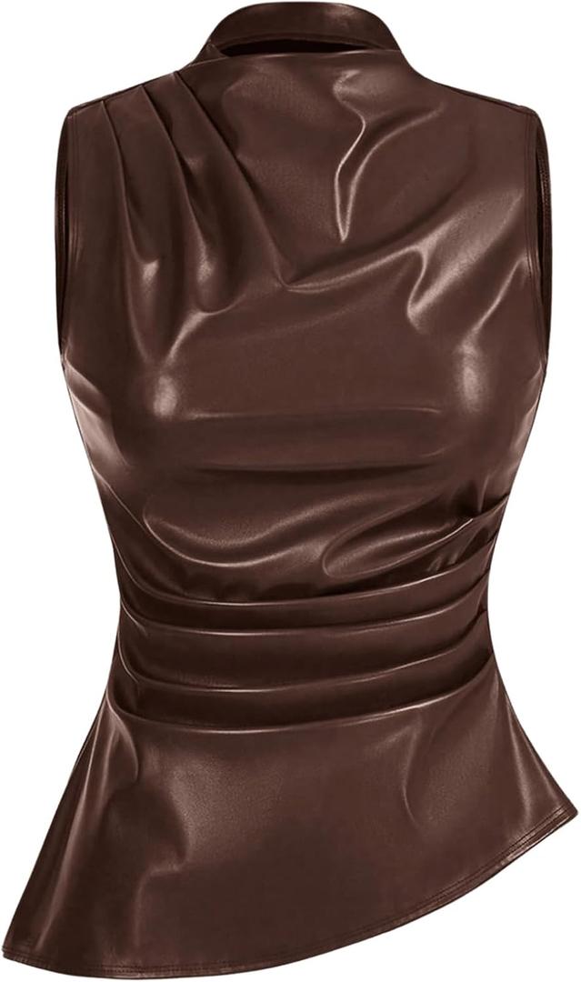 MakeMeChic Women's PU Leather Tank Top Mock Neck Y2k Ruched Party Sleeveless Leather Tops (Large, Coffee Brown)