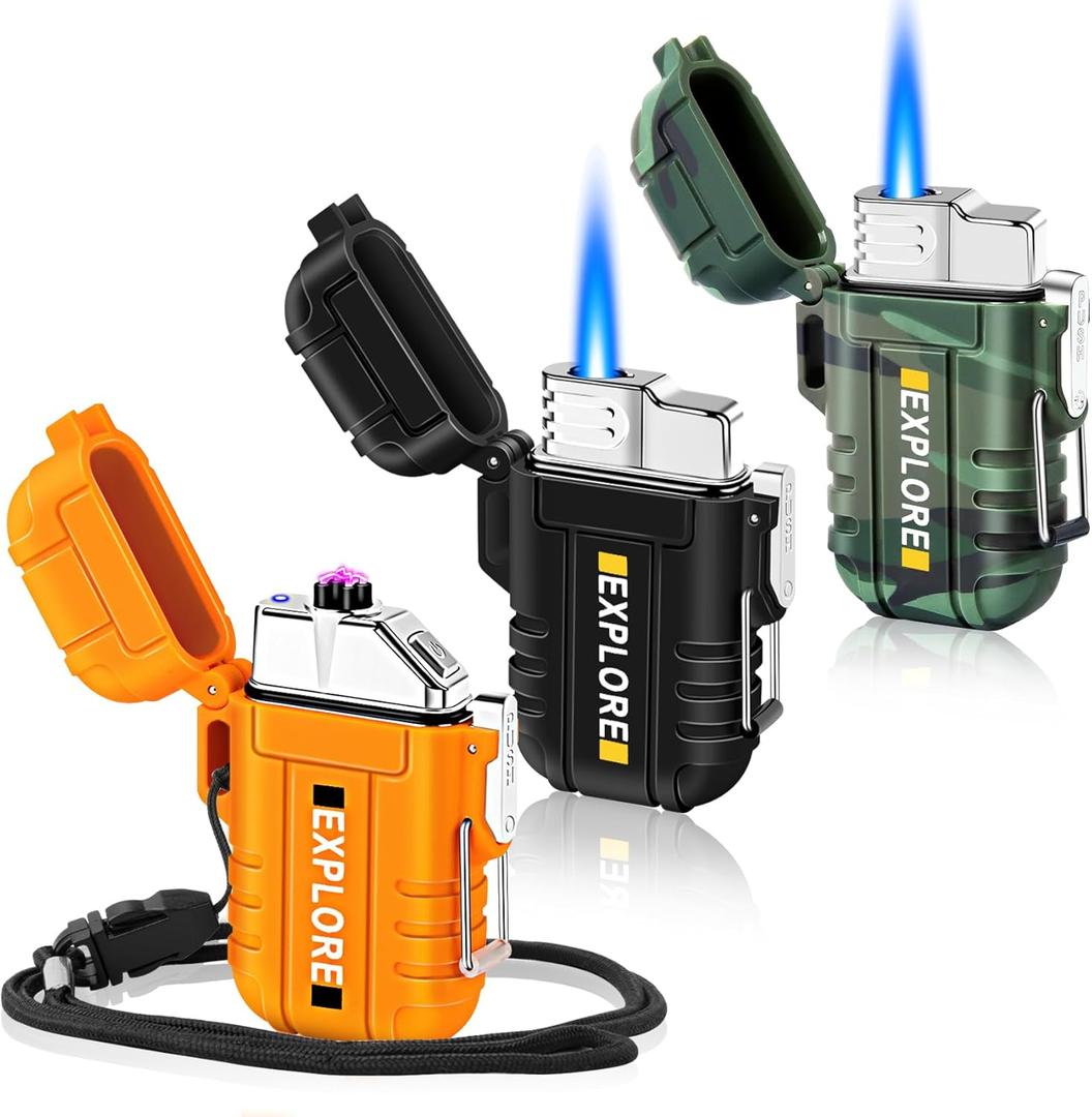 LcFun 3 Pack Waterproof Outdoor Lighter, Windproof Torch Lighters Butane Refillable, Electric Dual Arc Plasma Lighter USB Rechargeable, Camping Hiking Survival Tactical Gear Gadgets for Men