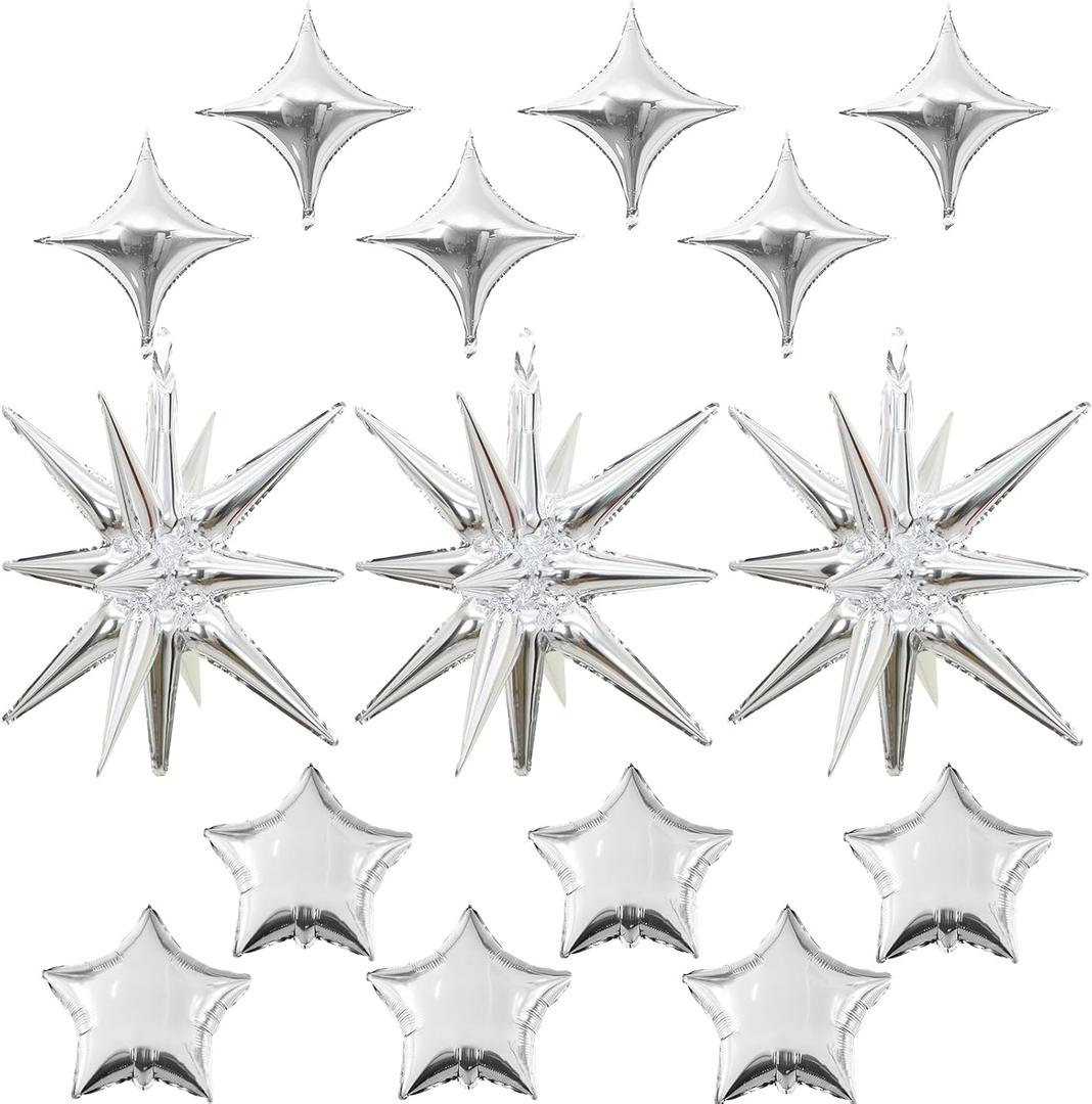Silver Star Balloons, 22in Large Star Balloons Foil 10in 4-Pointed & Silver Pentagram Balloon for Graduation New Year Wedding Baby Shower Birthday Party Decorations