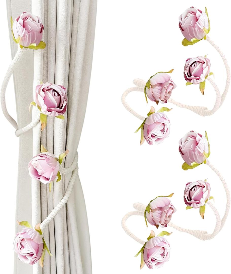 Decorative Pink Rose Curtain Tieback with Artificial Flowers, Pink Roses on White Twisted Rope, Woven Rope Curtain Holdbacks, Elegant Window Treatment (2)