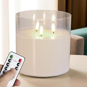 NICEME Extra Large 3 Wick Battery Operated Candle, 6"x6" Big Clear Glass Flameless Candles with Remote, Real Wax Flickering Led Pillar Fake Giant Candle for Wedding Party Holiday Home Decor, White