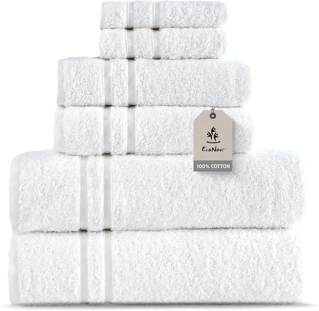 EcoNour Luxury 100% White Turkish Cotton Towel Set 550 GSM 6 Piece Bathroom Towels Set Includes 2 Bath Towels, 2 Hand Towels, 2 Washcloths  Soft, Absorbent, Quick Dry for Bathroom, Spa,Gym & Hotel
