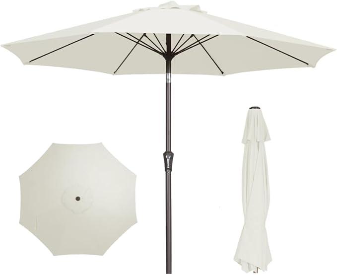 PatioKingdom 9FT Patio Outdoor Umbrella-UPF 50+ Sun Shade with Wind Vent, Push-Button Tilt & Smooth Crank Lift, Rust-Resistant Fiberglass Frame for Garden, Backyard,Yard (Creamy-white, 9FT)