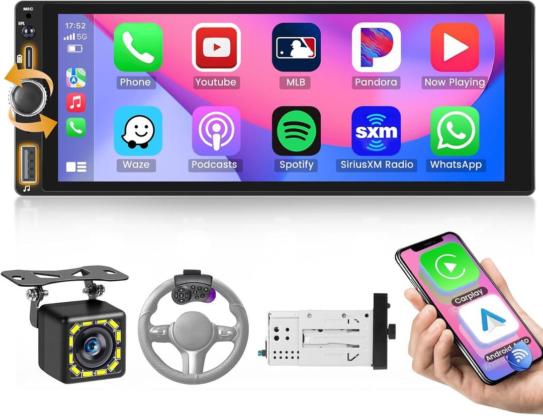 Single Din Touchscreen Radio with Wireless Carplay Android Auto, 6.86" Single Din Bluetooth Radio with Backup Camera, Mirror Link, FM/RDS, Fast Charging, USB Input