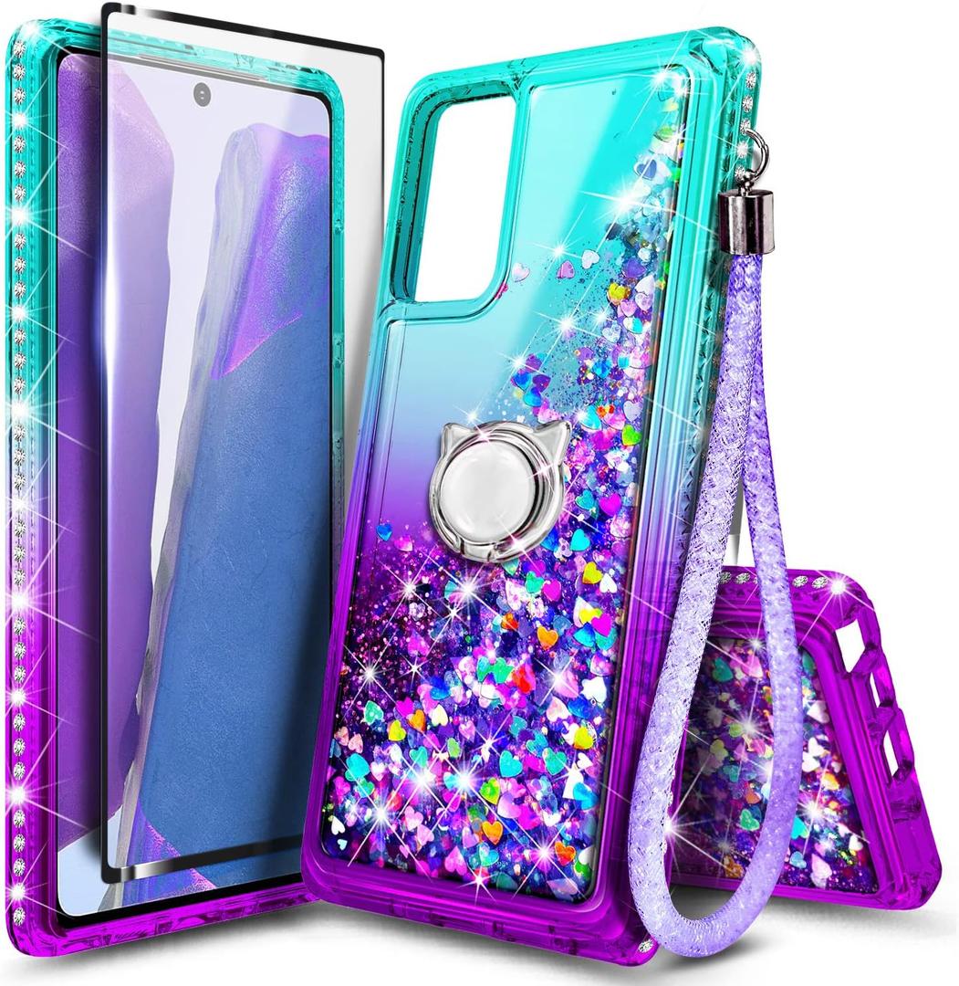 Designed for Gabb Phone 3 Pro Case, Glitter Floating Liquid Waterfall Cute Case with Tempered Glass Screen Protector, Ring Holder/Wrist Strap (Aqua/Purple)