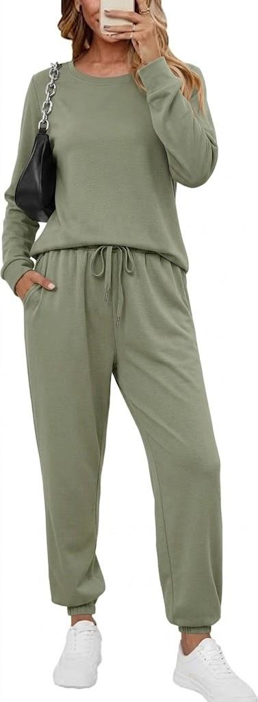 KISSMODA Womens Two Piece Sets 2025 Casual Sweatsuit Outfits Tracksuits Long Sleeve Crewneck Tops and Pants Lounge Set Green Medium
