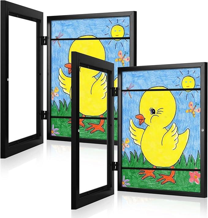 [2Pack] Kids Art Frames, 9x12 Front Opening Kids Artwork Frames Changeable, Black Artwork Display Storage Frame for Wall, Holds 50 Pcs, for 3D Picture, Crafts, Children Drawing, Hanging Art, Portfolio