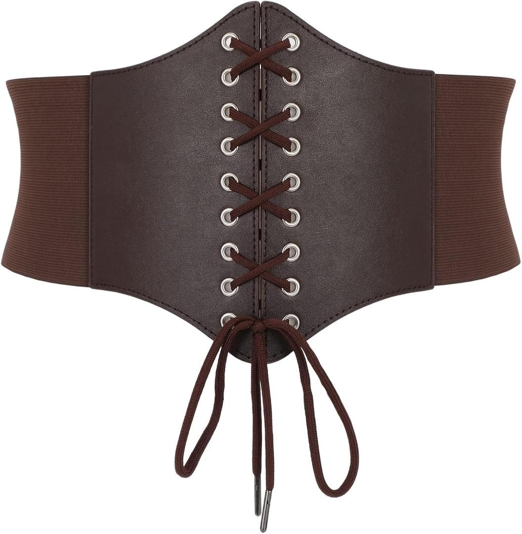 Corset Belt for Women Lace Up Elastic Leather Waist Corset Tied Waspie Belt for Renaissance Pirate Halloween Costume (Fit Waist Size 24"-26", 3-coffee)