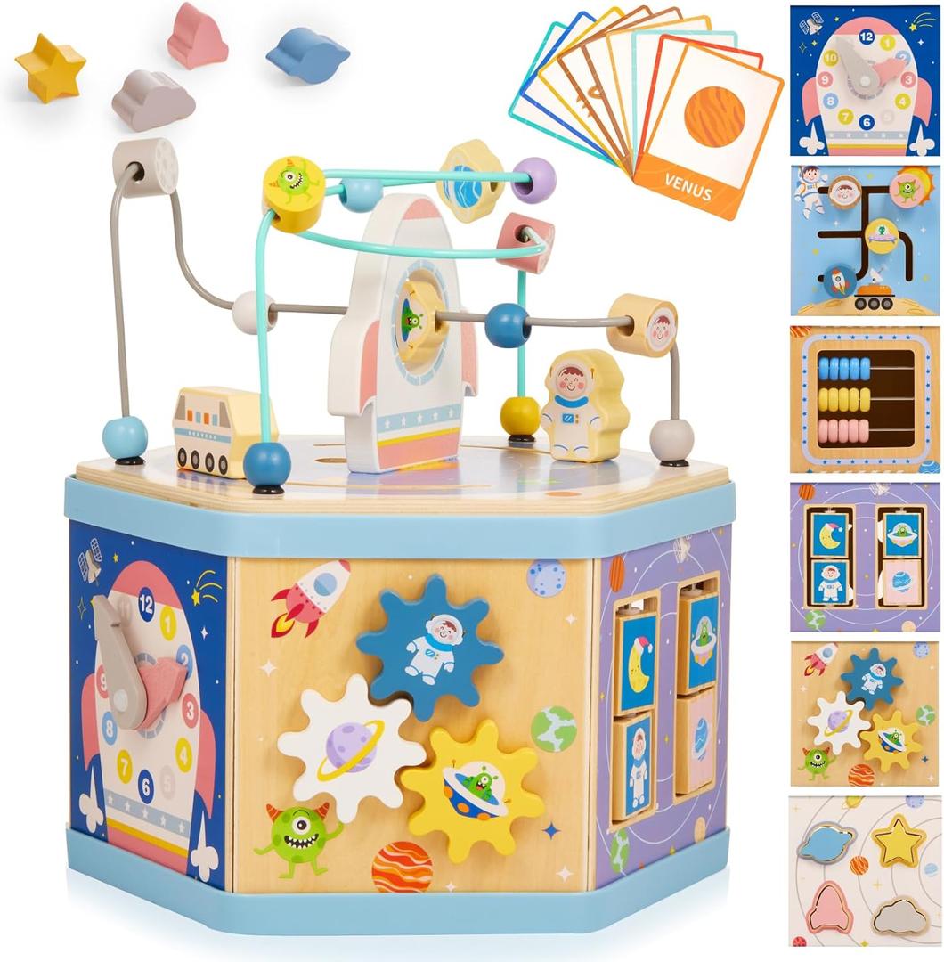 Large Wooden Space Activity Cube Toys, 9-in-1 Early Educational Montessori Learning Toys for 2 3 4 Toddlers with Abacus Bead Maze for 24+ Months Boys Girls First Birthday