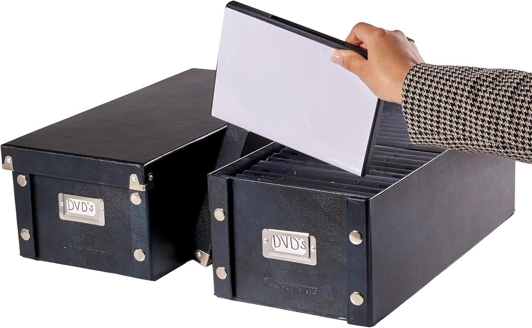 Snap-N-Store DVD Storage Box - 2 Pack - Durable 6 x 8.2 x 16.5 Inch Movie Organizers - Disc Holders with Lids to Store up to 52 DVD Cases - Black