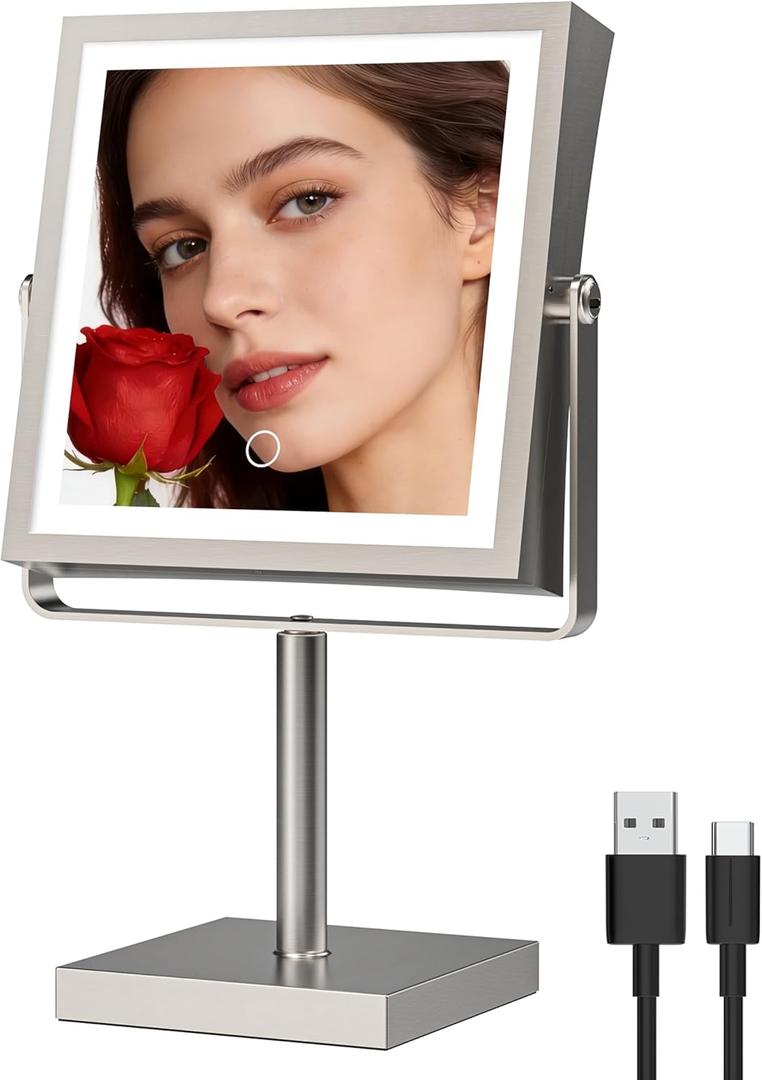 Ruacq Makeup Mirror with Lights, 4000mAh Rechargeable Magnifying Mirror with Light, 1X/10X, Height Adjustable Bathroom Vanity Mirror, 3 Colors, Adjustable Brightness (Brushed Nickel)