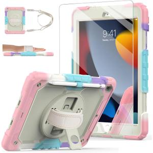 Ambison Case for iPad 9th/8th/7th Generation 10.2'' 2021/2020/2019, [Kid Proof] Full Body Protective Case with 9H Tempered Glass Screen Protector, 360 Rotatable Kickstand & Hand Strap (Light Pink)