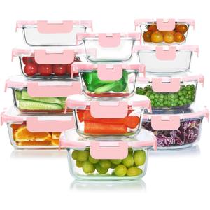 KOMUEE 24 Pieces Glass Food Storage Containers Set, Meal Prep Containers-Stackable Airtight Glass Storage Containers with lids,Freezer, Microwave, Oven Safe,Pink