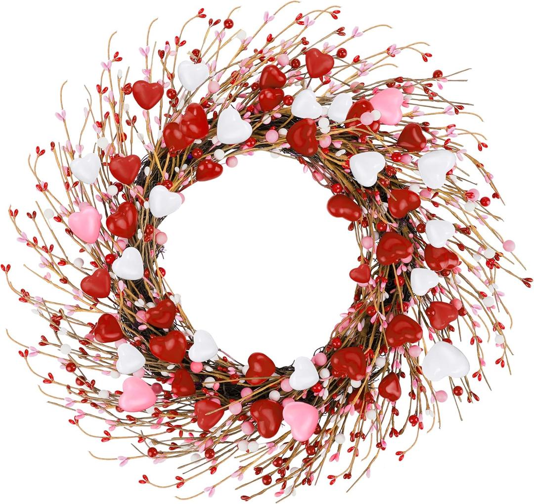 ANVAVO Valentines Day Wreath 24 Inches Red Pink and White Heart Berries Artificial Round Wreath for Wedding Party Anniversary Decor