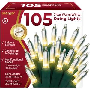 Clear Warm White Christmas Tree Lights - 20 ft String of 105 Incandescent Mini Bulbs Multifunctional Lighting Modes, for Decorative, Bedroom, Outdoor, Xmas Twinkle Lights with Green Wire Total 21.6 ft