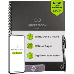 Rocketbook Core Reusable Smart Notebook, Lined Pages For School, Work and Creative Projects, Letter Size 8.5x11, Black - Premium
