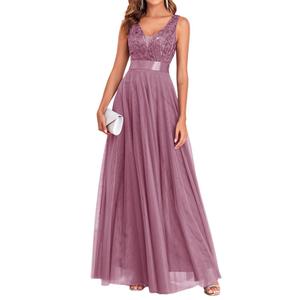 YHHOWEP Women's Formal Dresses Long Evening Gowns Tulle V Neck Sleeveless Sparkly Sequin Cocktail Party Wedding Guest Dress Mauve S (S)