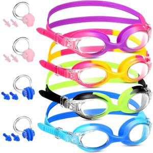 Meooeck 4 Pairs Kids Swim Goggles Anti Fog Multipack Clear Swimming Goggles with Nose Clip Earplug for Girls Boys Pool Gift