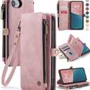 Defencase Compatible with iPhone SE 2020 2022 Case Wallet with RFID Blocking Card Holder for Women Men, PU Leather Magnetic Snap Flip Zipper Strap Wallet Phone Case Fit for iPhone SE/7/8, Rose Pink