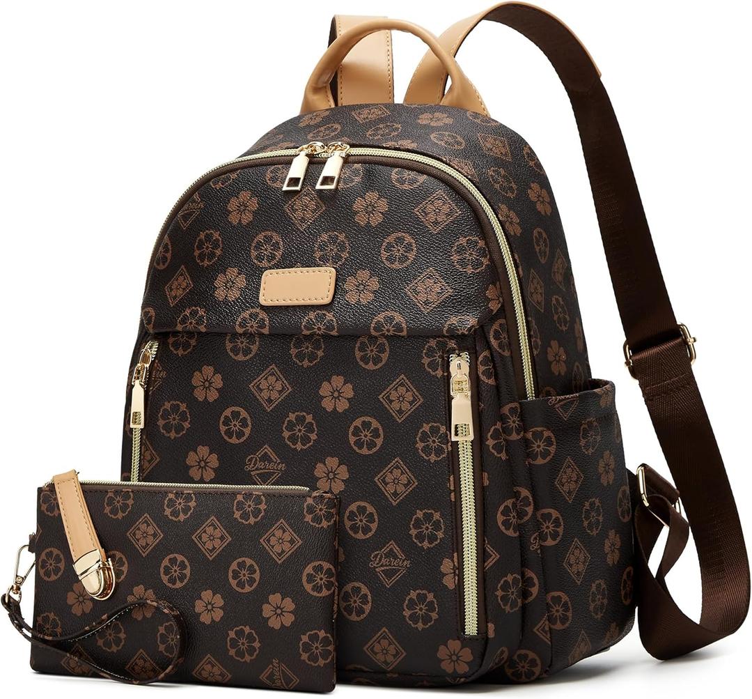 Makes Mini Backpack for Women, Stylish Daypack Purse Handbag Small Casual Daily Travel Bag, Lady Girls Gifts for Work School, 2pcs Sets (Coffee Flower)