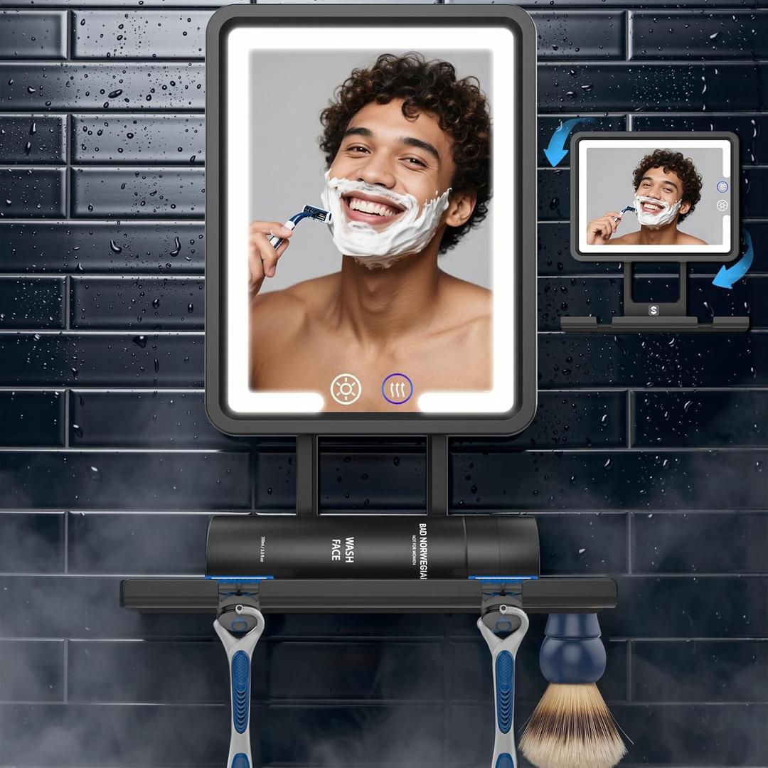 Shinowa Heated Shower Mirror Fogless for Shaving, 360 Adjustable Lighted Shower Mirror with 3 Color Modes, Rechargeable Anti Fog Shower Shaving Mirror with Large Storage Tray & Razor Holder, Black
