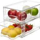 2 Pack Stackable Storage Drawers, Plastic Organizers Bins, Drawers Storage with Handles and Movable Dividers for Organization and Storage in Fridge, Bathroom, Pantry, Kitchen Cabinets, Under Sink