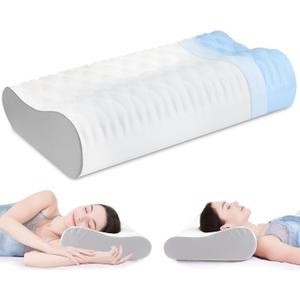Memory Foam Pillow for Neck Pain, CertiPUR-US Cervical Neck Pillow with Dual-Height Design, Cooling Cover, 3D Ergonomic Support & Odor-Free Tech for Side/Back/Stomach Sleepers (White) (Wave White)