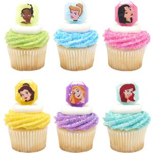 DecoPac Disney Princess Gemstone Rings, Cupcake Decorations Featuring Mulan, Cinderella, Tiana, Belle, Rapunzel and Ariel, Multicolored 3D Food Safe Cake Toppers  24 Pack