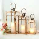 TRIROCKS Set of 3 Stainless Steel Candle Lantern 19'' High Metal Candle Holder with Clear Glass Panels Perfect for Home Decor Living Room Parties Events Tabletop Indoors Outdoors (Rose Gold) (Large)