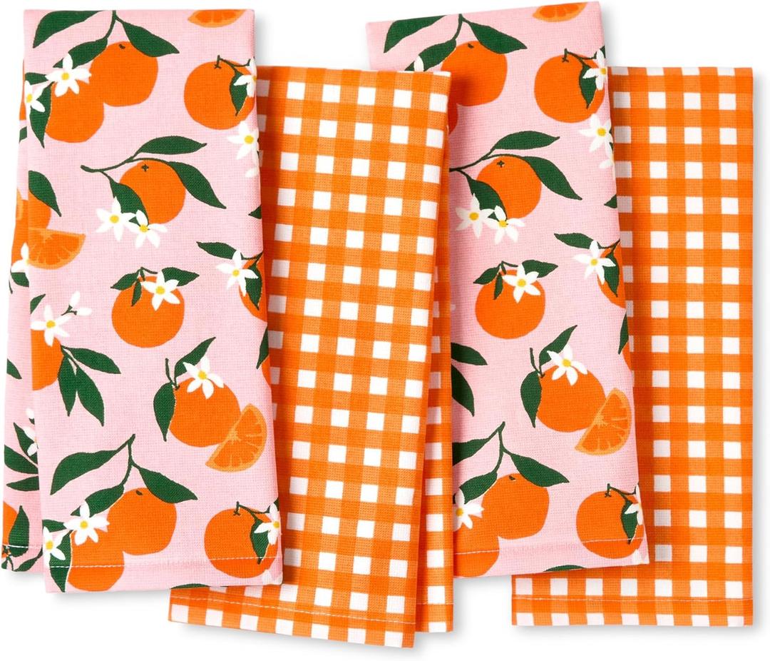 Kate Spade New York Squeeze The Day and Spring Gingham Kitchen Towels 4-Pack Set, Absorbent 100% Cotton, Orange/Pink, 17"x28"