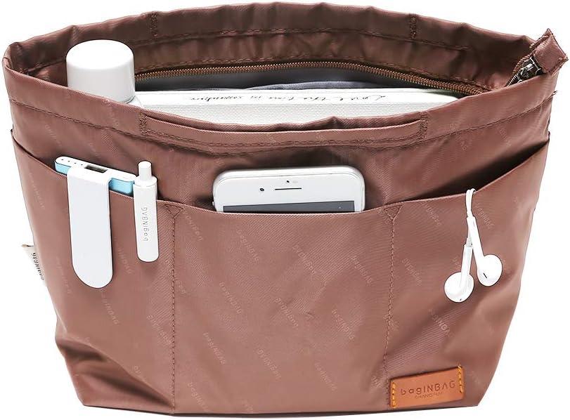 iN. Purse Organizer Insert with zipper, Nylon fabric Storage Bag with handles, for womens Handbags & Tote bags, neverfull, lightweight large sized Brown