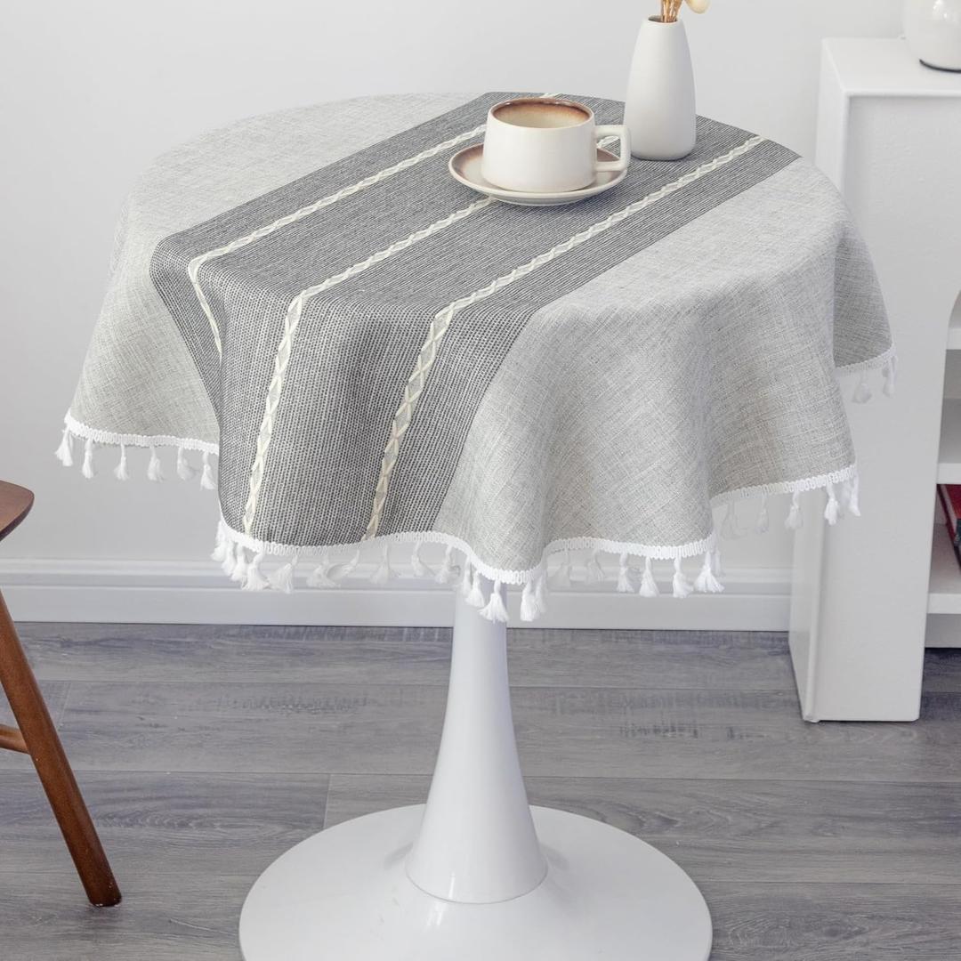Small Waterproof Cotton Linen Washable Tablecloth Farmhouse Wrinkle Free Round Burlap Table Cloths 36 Inch Grey Heavy Weight Table Cover with Tassels for Bedside Tables Home Decoration