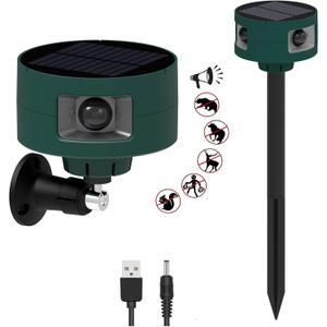 HULPPRE Solar Indoor&Outdoor Motion Sensor Alarm,Ultrasonic,360 Moton Detection,130db Noise Maker,4 Modes,Mount on Ground or Fence,Red Motion Activated Strobe Light,Say Goodbye to The Intruders