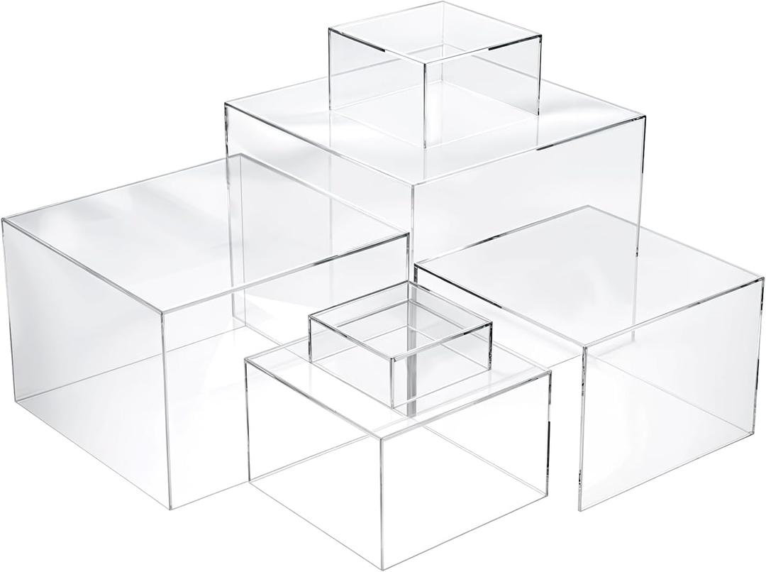 6 Pcs Acrylic Risers for Display Clear Risers Display Stands with Hollow Bottoms 5 Sided Acrylic Cube Boxes Square Nesting Cubes Decorative Stand Shelf for Food Dessert Jewelry Figures Decor 6 Sizes