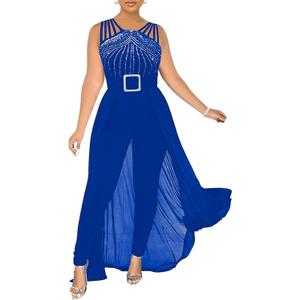 chicyes Womens One Piece Elegant Overlay Jumpsuit Dressy Sexy Bodycon Formal Sleeveless Rhinestone Romper Party Outfits (2XL, Blue)
