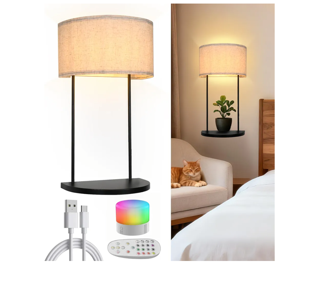 Wall Sconce Rechargeable Magnetic RGB Bulb & Remote Control, Battery Operated Metal Wall Light with Shelf for Bedroom Bedside Table or Living Room Decor