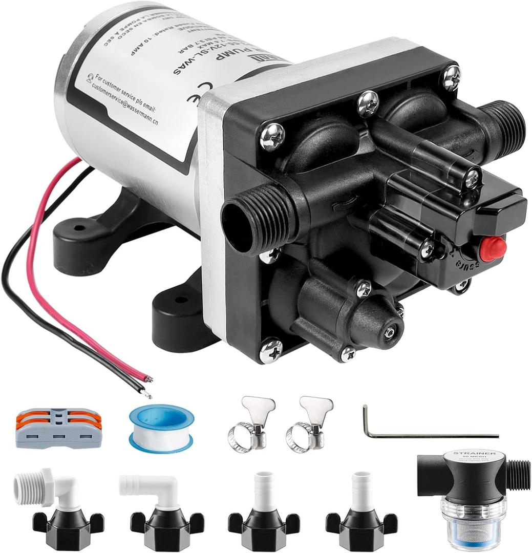 WASSERMANN RV Water Pump 12V DC 4008-101-A65/E65 Replacement, 3.0 GPM 55PSI, Quiet Water Pump for Camper RV Shower Garden Industrial Yacht Sprayer Food Truck Travel Trailer Water Pumps with Acessories