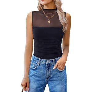Avidlove Women's Mock Neck Mesh Bodysuit Ruched Tank Body Suits Top Sheer One Piece Going Out Tops Classy Outfits (Black, M)